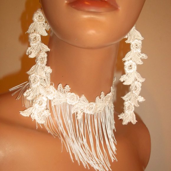 White Jewelry Set, White Lace Choker And Matching Lace Tassel Necklace - Picture 4 of 4